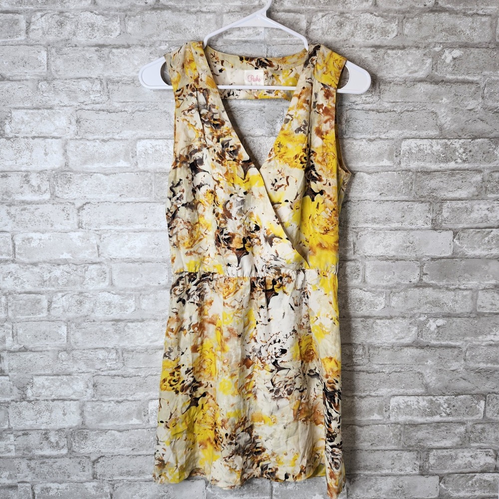 Parker Mini Dress Yellow Cream Floral 100% Silk Cutout Back XS